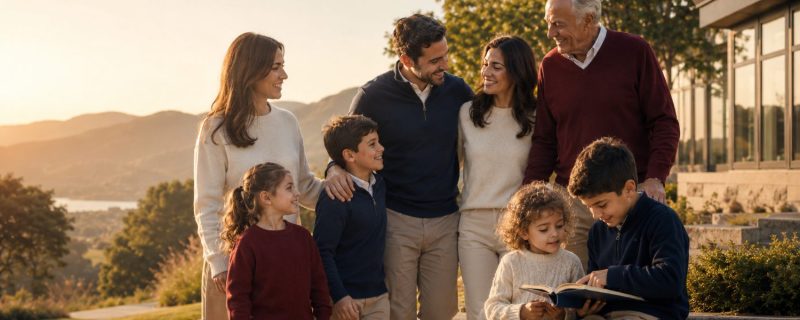 Three generations of a family together at golden hour