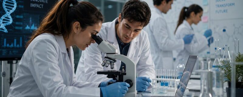 Researchers at work with a microscope in a laboratory