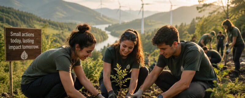 Volunteers planting saplings on a hillside below wind turbines