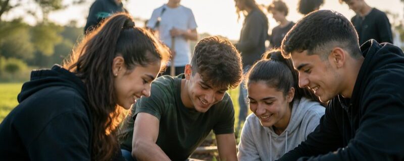 Young people planting trees together at sunset